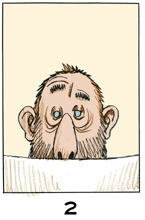 2Un visage d'homme à l'air indéfinissable, en gros plan, le bas du visage caché à partir du nez par ce qui pourrait être un journal ou une surface claire.