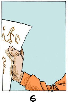 6Une main présente un document, sans doute en papier, sur lequel on devine des écritures ou des dessins.
